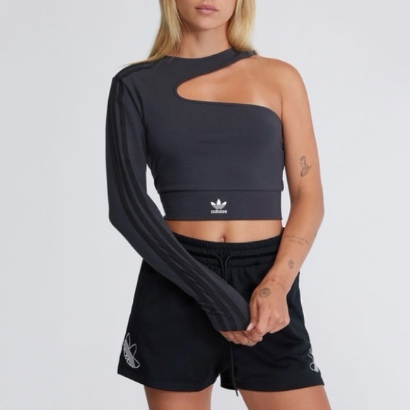 adidas Tops - NWT adidas Black '80s Cutout One Shoulder Crop Top in Dark Asphalt Grey size XS
